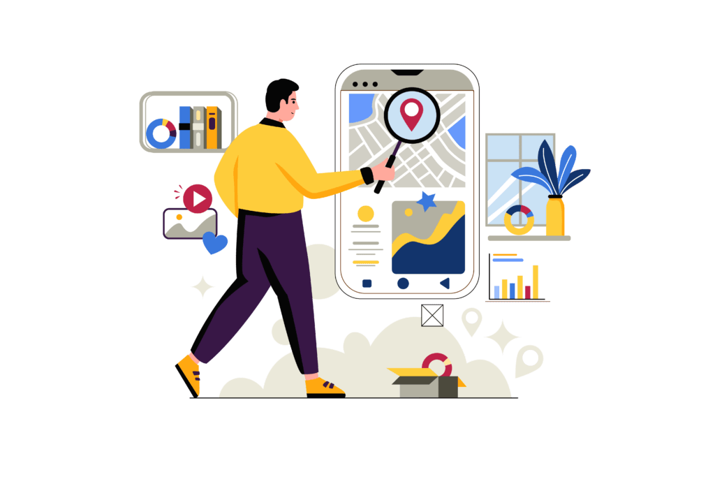 Animação de um homem com uma lupa procurando um mapa no celular, praticando geomarketing